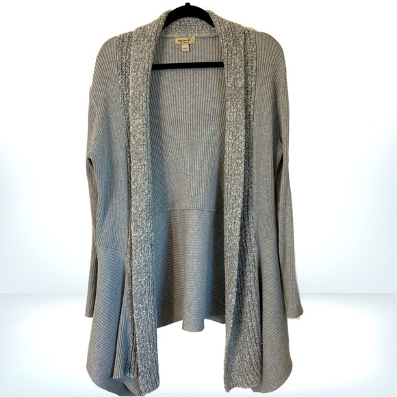 ONE WORLD Sweaters - One World Gray Open Front Ribbed Long Asymmetrical Cardigan, Size L